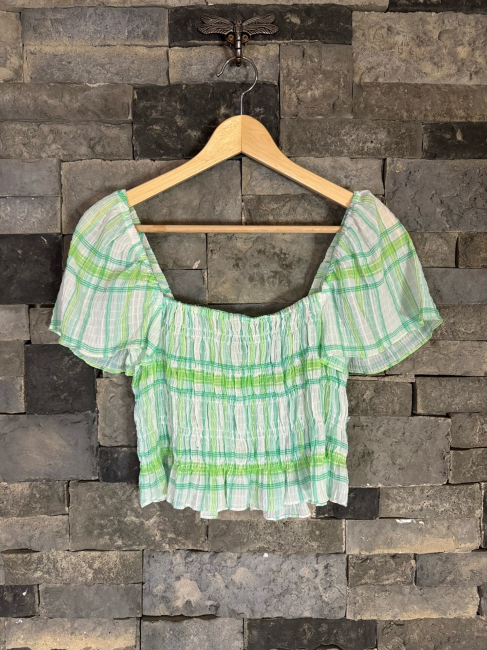 Zara Women’s Green And White Smocked  Square Neck Flutter Sleeve Crop Top Small